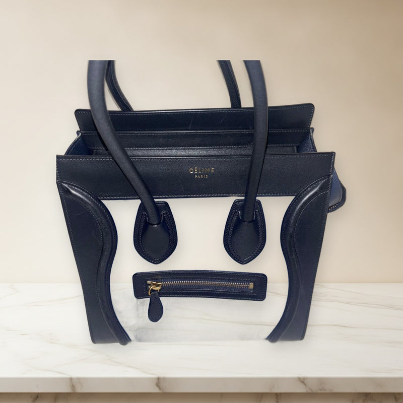Celine Luggage Micro Shopper Tote Handbag Leather Black Blue Bicolor