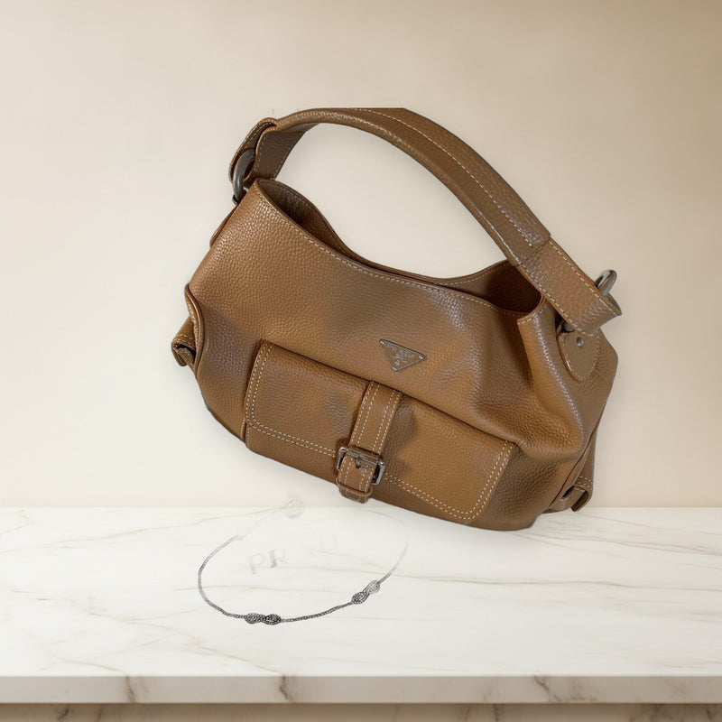 Prada Handbag Camel Leather With Flap Pockets Tote Shoulder Bag