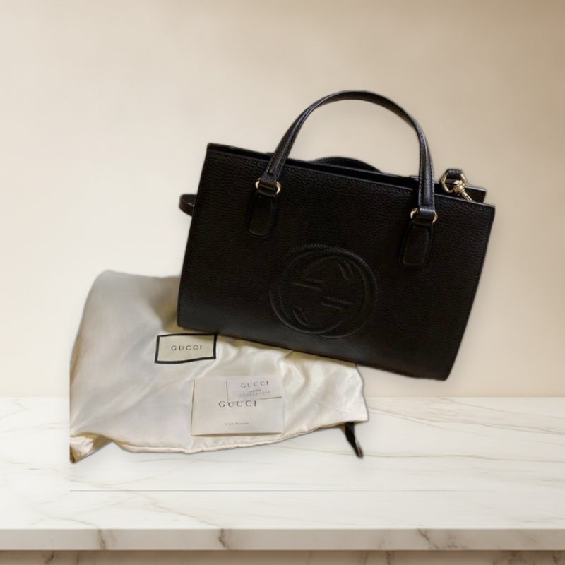 Gucci Handbag Ostrich Embossed Leather Black