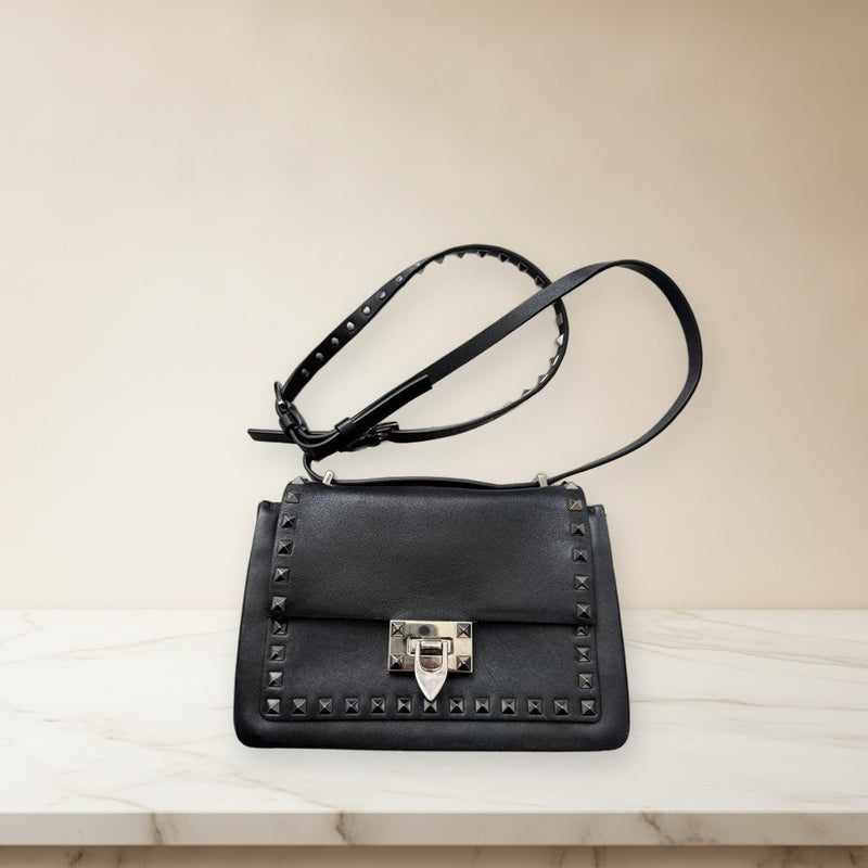 Valentino Shoulder Bag Handbag Cowhide Black Leather
