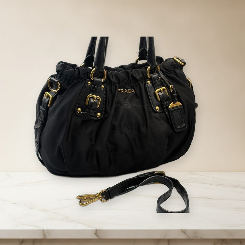 Prada Nylon Gathered 2-Way Handbag Shoulder Bag Black Gold Hardware