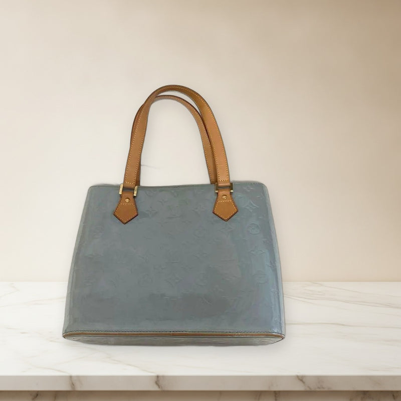 Vernis Handbag Patent Leather Blue Embossed Logo Brown Handle