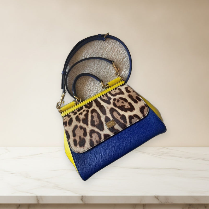 Dolcegabbana Sicily Handbag Synthetic Leather Leopard Yellow Blue Shoulder Bag