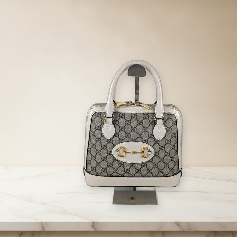 Gucci Gg Pattern Horsebit Handbag Gray White Canvas Leather Tote