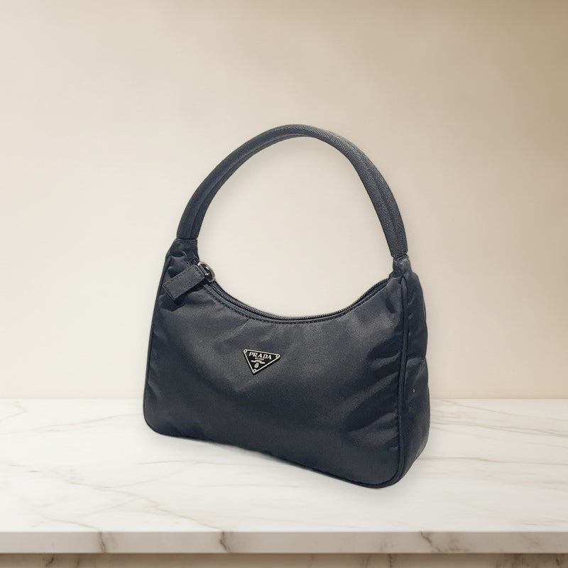 Prada Triangle Logo Plate Nylon Tessuto Mini Handbag Black