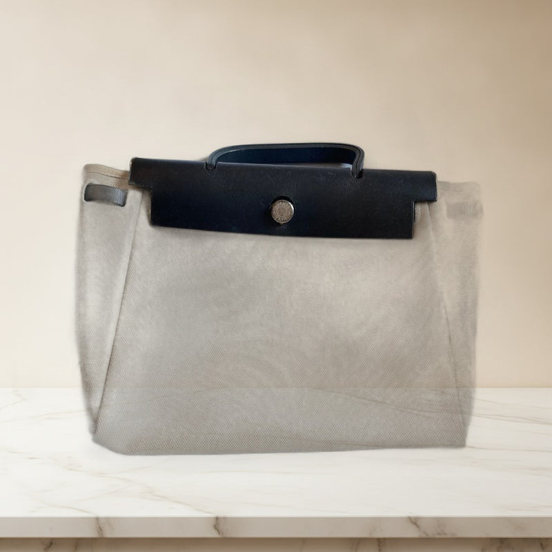 Hermes Herbag Handbag Canvas Leather Beige Flap Closure Metal Button