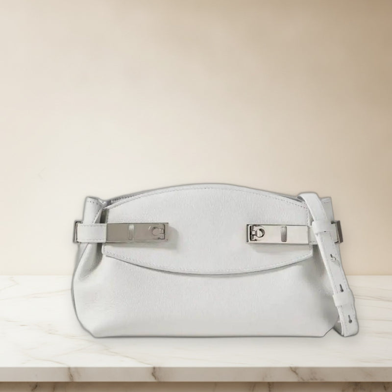 Salvatore Ferragamo Hug Clutch Crossbody Bag Calf Leather White