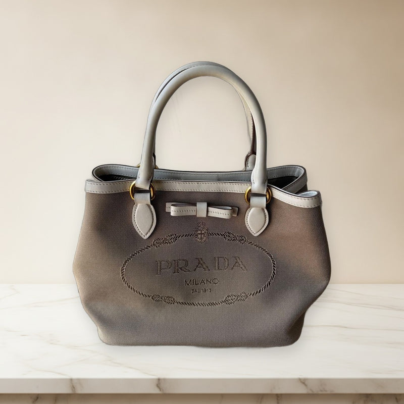 Prada Logo Jacquard 1BA172 Handbag Shoulder Bag Canvas Leather Beige White