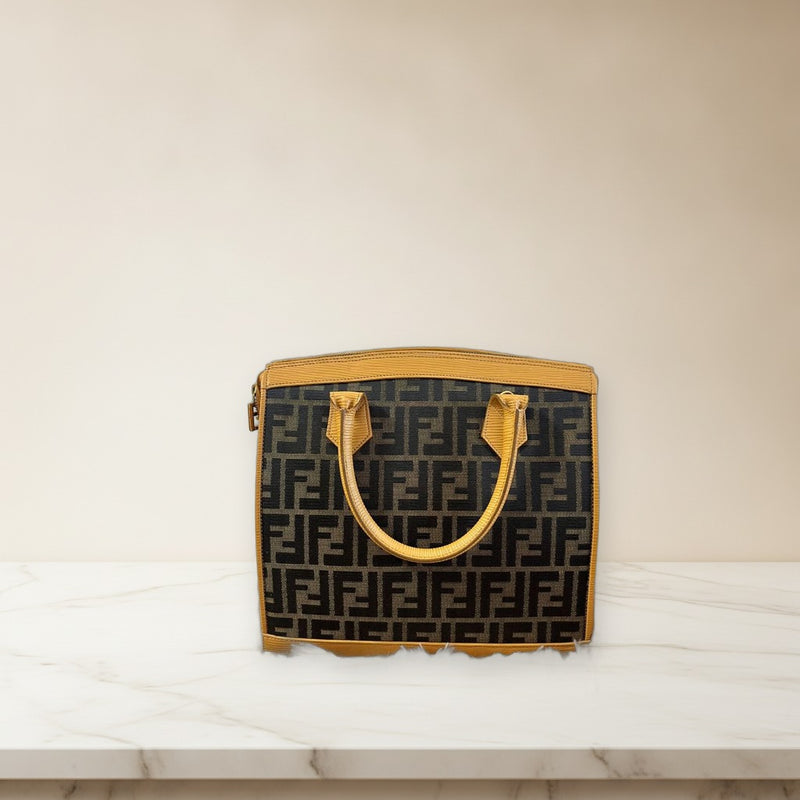 Fendi Zucchino Handbag Nylon Canvas Leather Brown Shoulder Bag