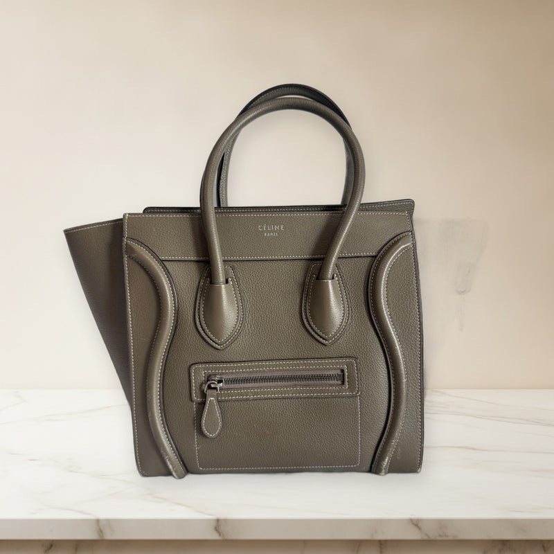 Celine Luggage Micro Handbag Drummed Calfskin Souris Greige White Stitching