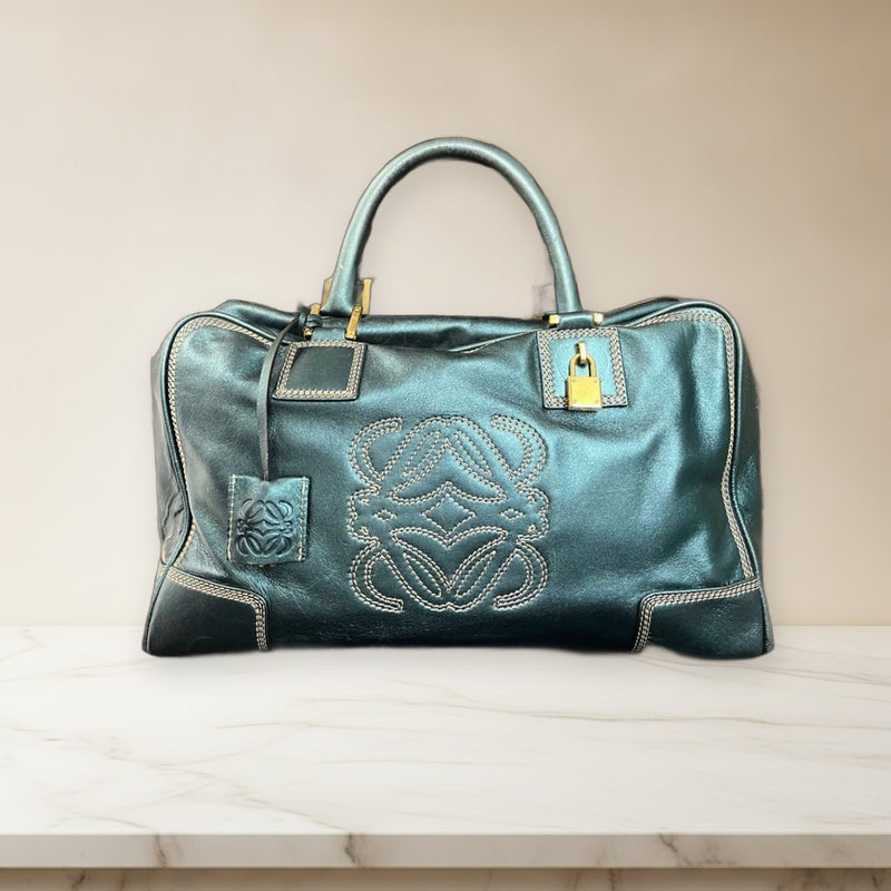 Loewe Amazona Handbag Boston Bag Leather Blue-green Metallic