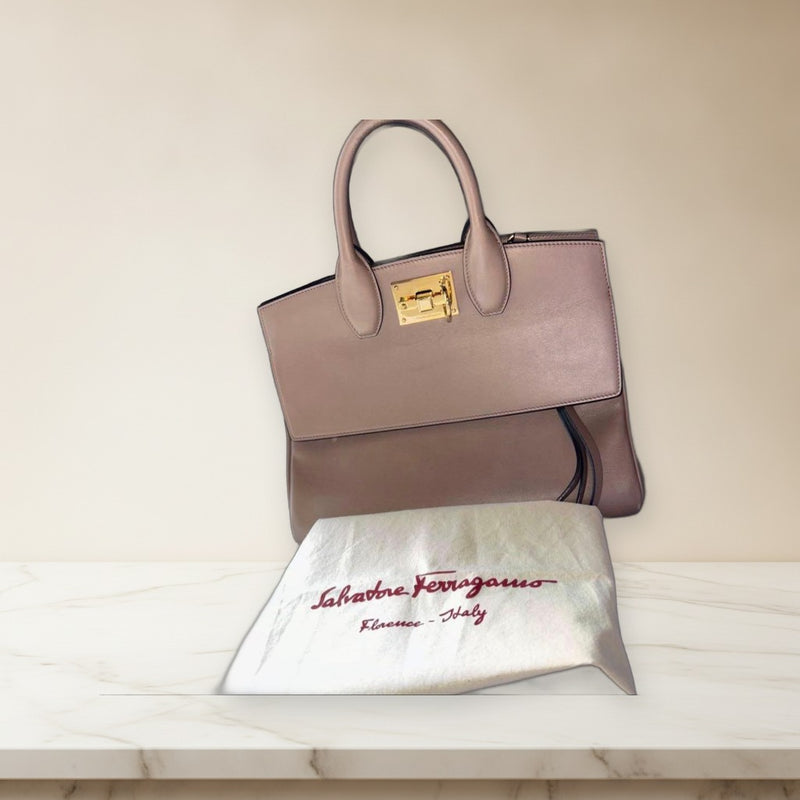 Salvatore Ferragamo Gancini Studio Bag Shoulder Bag Leather Pink Beige