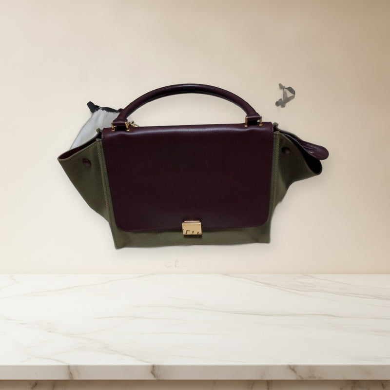 Celine Trapeze Handbag Shoulder Bag Brown Leather Khaki Canvas