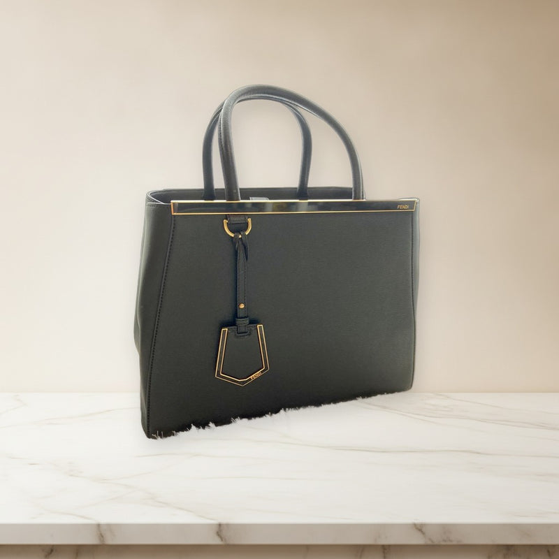 Fendi Deux Jours Handbag Shoulder Bag Black Leather Gold Hardware