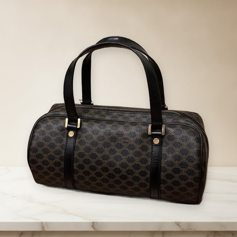 Celine Macadam Mini Boston Bag Handbag Pvc Leather Black Brown