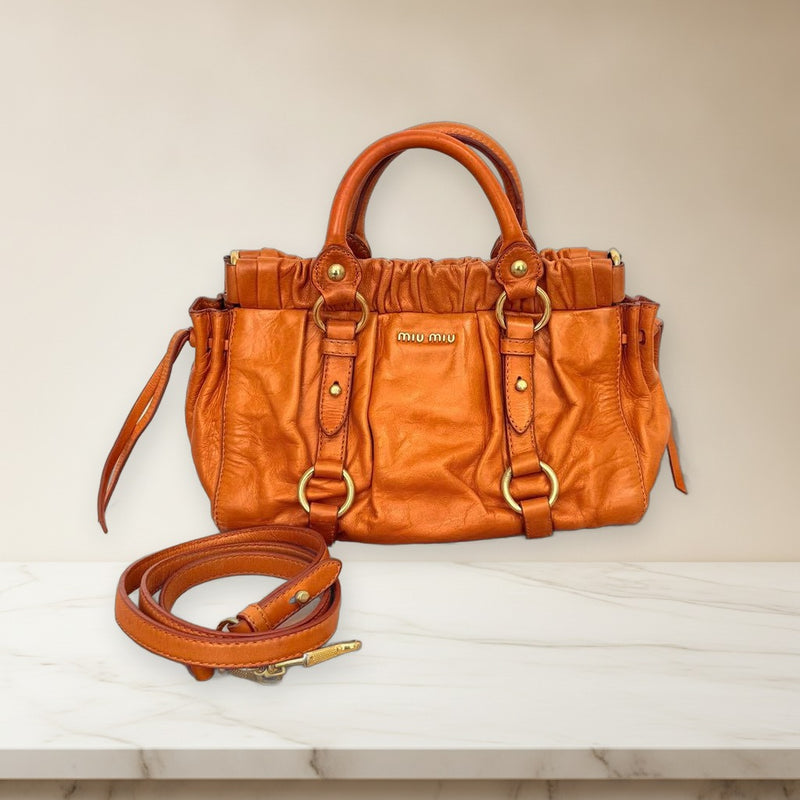 Miu Miu Vitello Lux Ribbon 2 Way Handbag Shoulder Bag Leather Orange