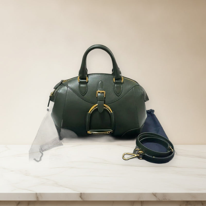 Ralph Lauren Satchel Shoulder Handbag Cowhide Leather Green Made In Italy