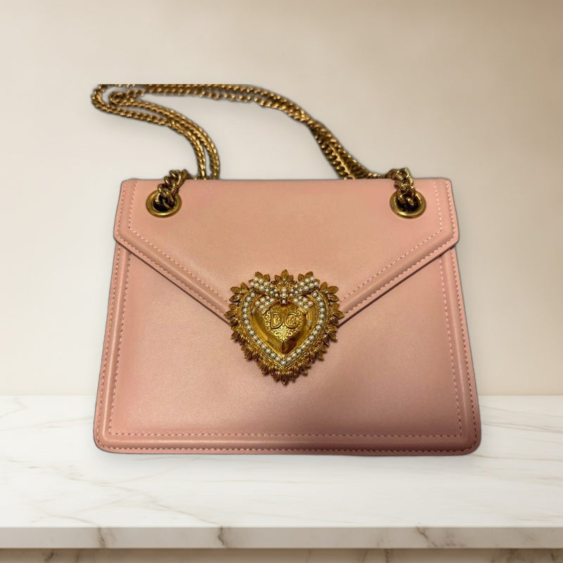 Dolce Gabbana Heart Chain Bag Pink Leather Gold Hardware 2-Way Handbag Shoulder
