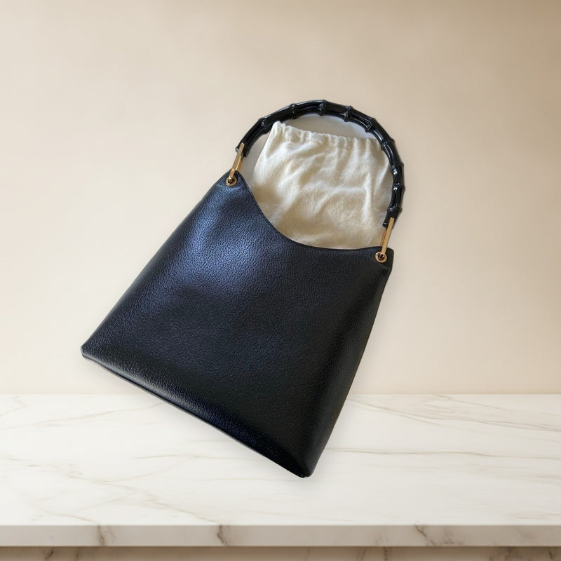 Bamboo Handbag Tote Bag Leather Black Gold Hardware