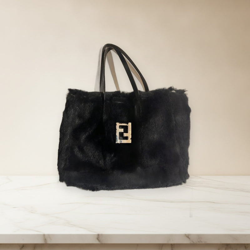 Fendi Black Rabbit Fur Handbag Shoulder Bag Leather