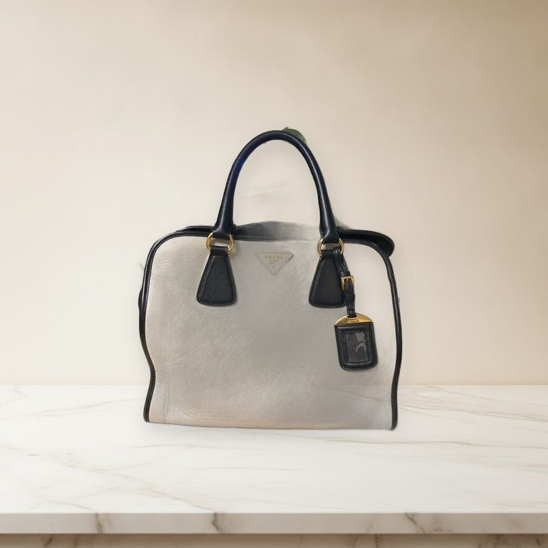 Prada Saffiano Leather Bicolor Handbag White Black