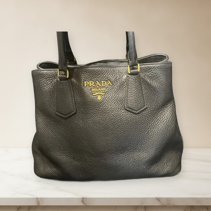 Prada Tote Handbag Black Leather Gold Logo