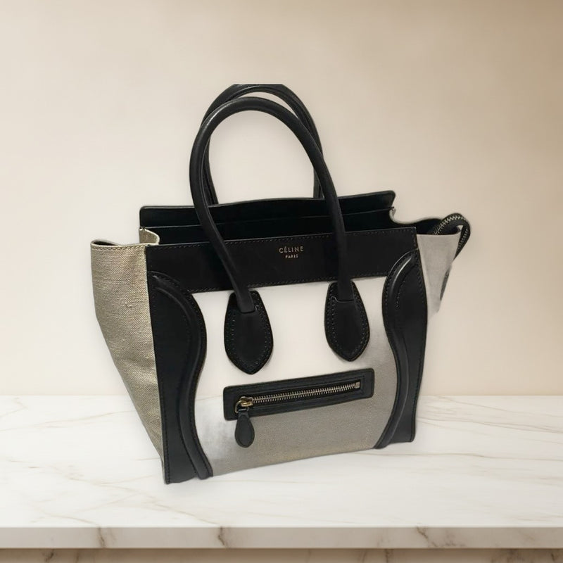 Celine Luggage Micro Handbag Faux Leather Canvas Black White Tote Bag