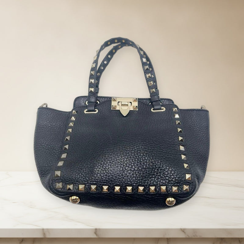 Valentino Studded Leather Handbag Shoulder Bag Black Detachable Strap