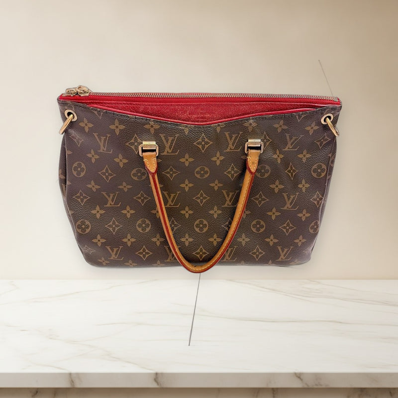 Louis Vuitton Pallas Monogram Tote Bag Dark Brown Red Leather Zipper Closure