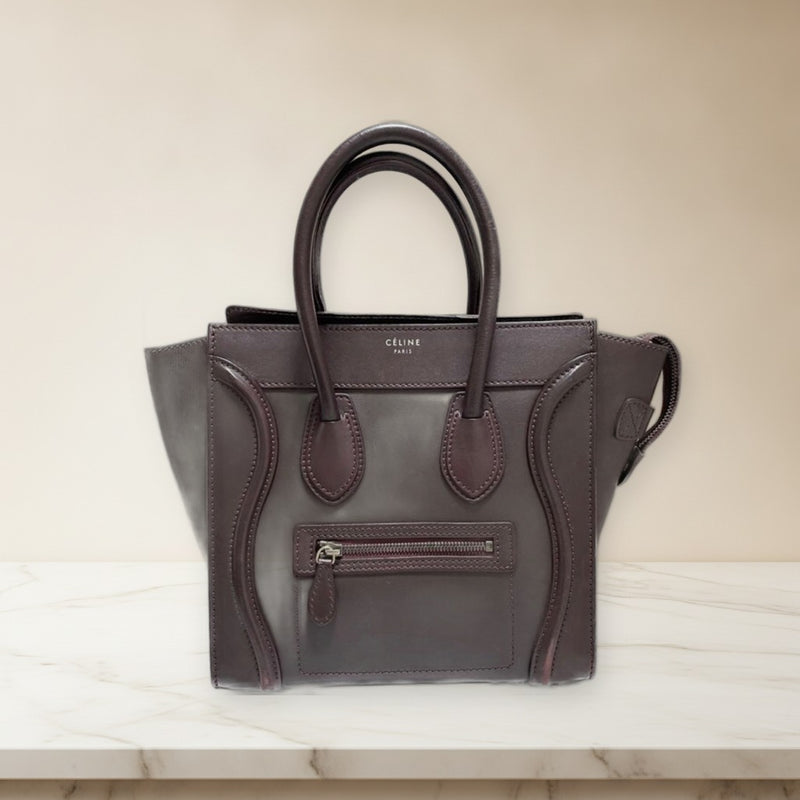 Celine Luggage Mini Shopper Handbag Bordeaux Leather Silver Hardware