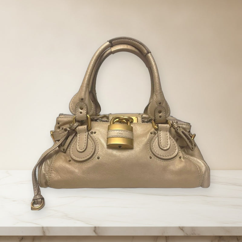 Chloe Handbag Shoulder Bag Leather Beige Gold Hardware Studs Double Zipper Lock