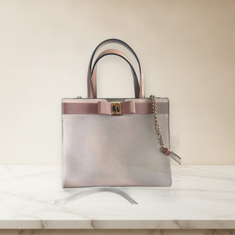 Ferragamo Vara Ribbon Top Handle Shoulder Bag Leather Pink Beige