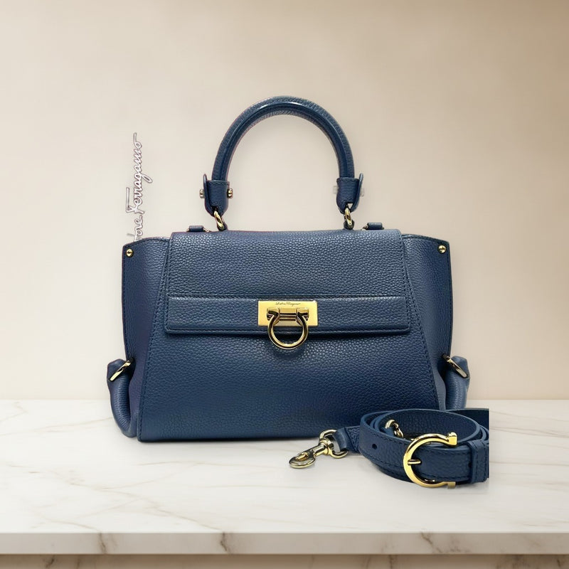Salvatore Ferragamo Sofia Gancini 2-Way Handbag Shoulder Bag Blue Leather