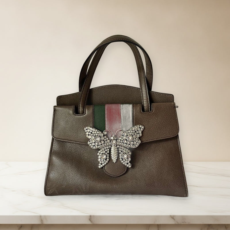 Gucci Totem Sherry Handbag Shoulder Bag Leather Bijou Butterfly Brown