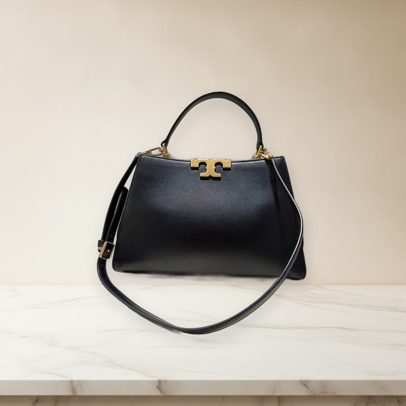 Tory Burch Eleanor Satchel Shoulder Bag Black Leather Gold Hardware