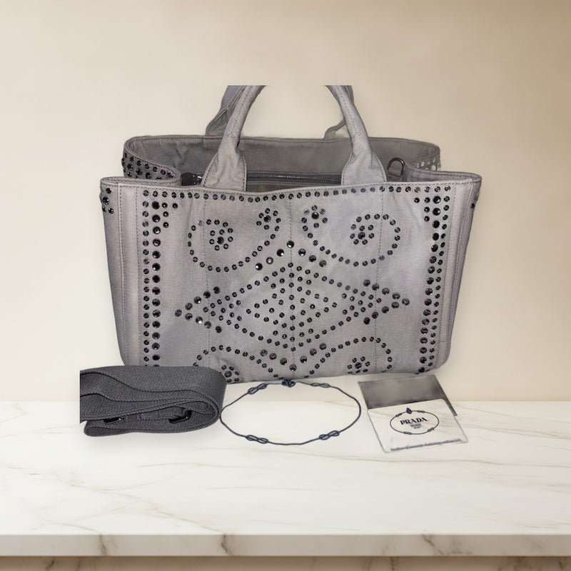 Prada Canapa Studded Handbag Tote Bag Denim Suede Gray