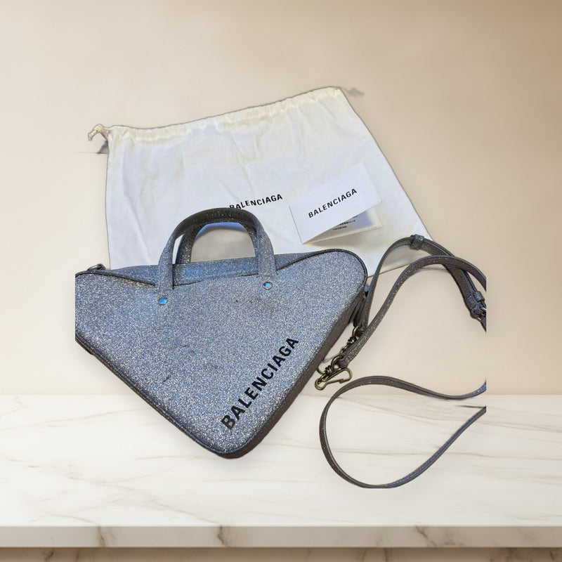 Balenciaga Triangle Duffle Xs 2WAY Shoulder Handbag Glitter Canvas Silver