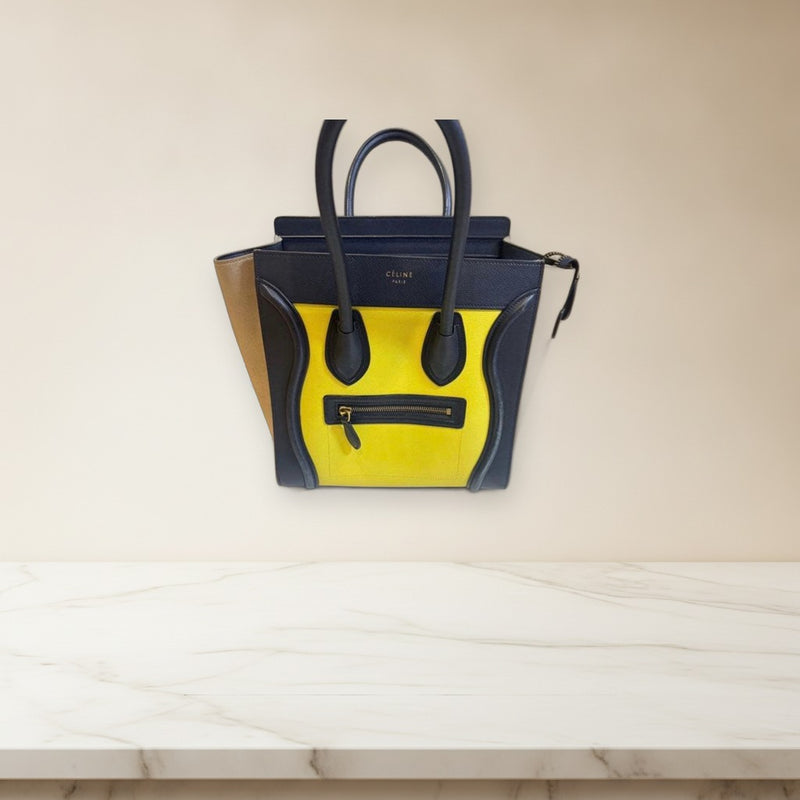 Celine Luggage Micro Shopper 167793 Handbag Leather Suede Navy Beige Yellow