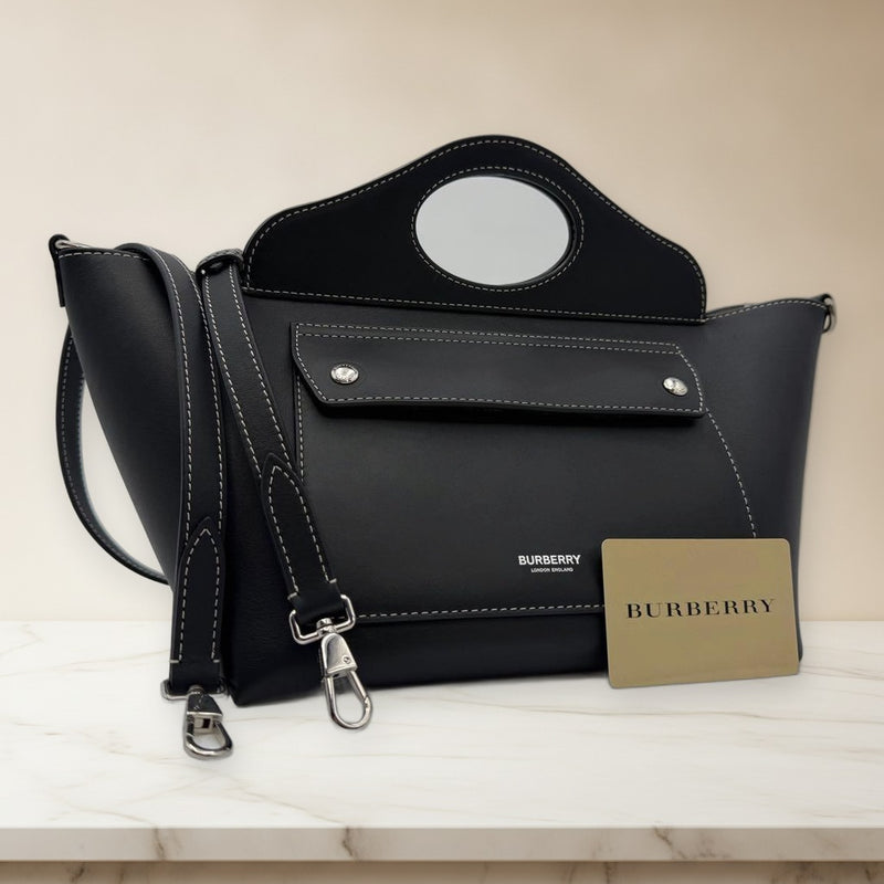 Burberry Soft Pocket 2-Way Shoulder Bag Handbag Black Leather Silver Hardware