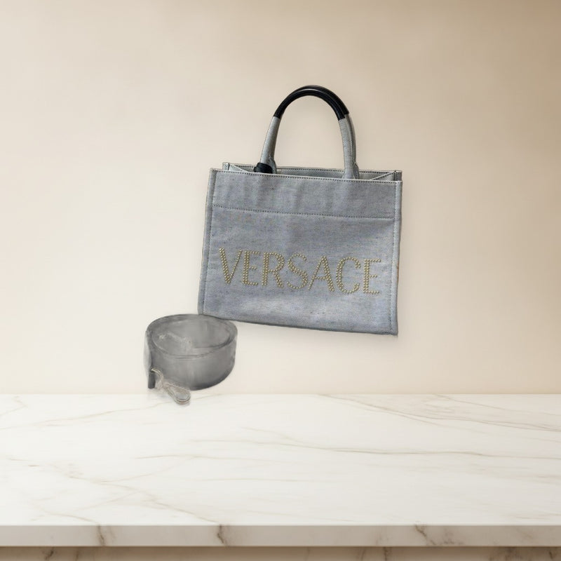 Versace Stud Logo Medusa 2-way Handbag Shoulder Bag Canvas Gray