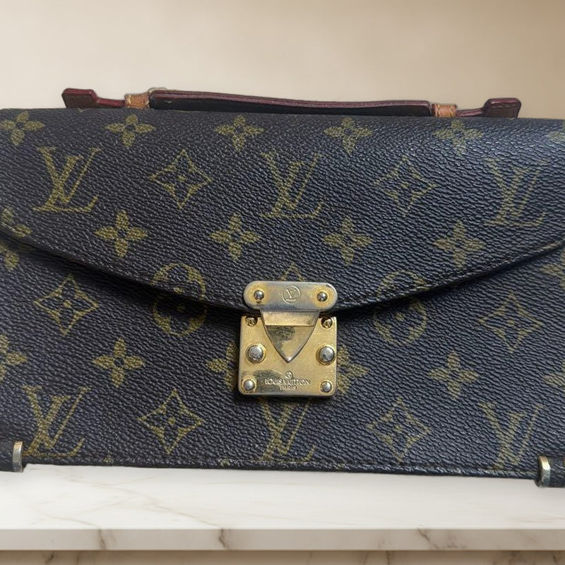 Louis Vuitton Monogram Canvas Handbag Dark Brown Leather Gold Hardware