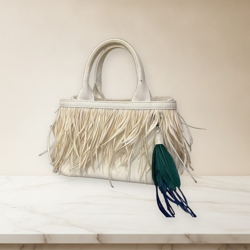 Prada Canapa Piume Tote Bag Handbag White Fringe Goose Feather Charm