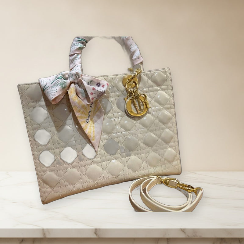 Dior Lady Dior Shoulder Bag Patent Leather Ivory Mitzah Scarf Set