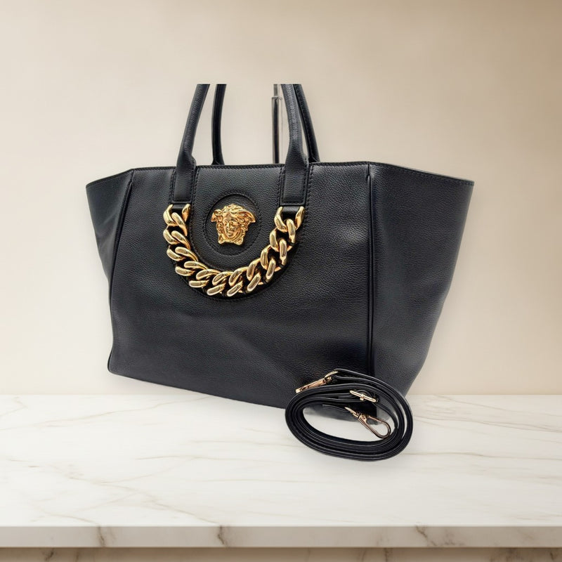 Versace Medusa Tote Handbag Black Leather Gold Hardware