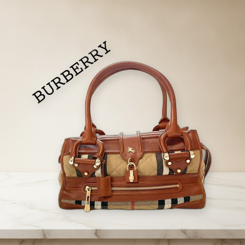 Burberry Mini Boston Bag Check Pattern Quilted Leather Handbag Beige Camel