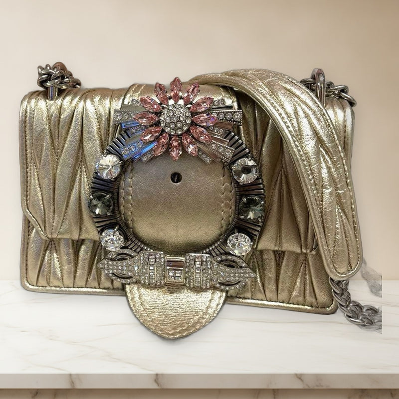 Miu Miu Matelassé Crystal Chain Shoulder Bag Leather Bronze Silver Hardware