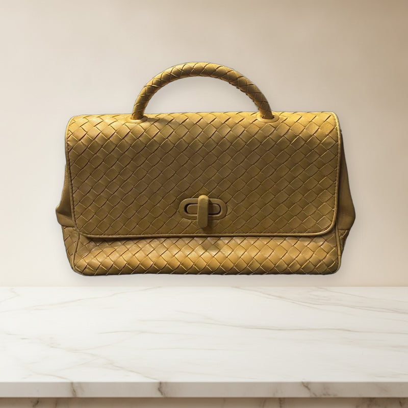 Bottega Veneta Intrecciato Flap Handbag Shoulder Bag Lambskin Camel
