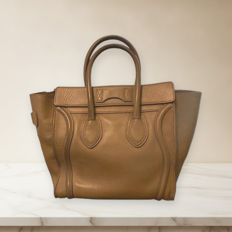 Celine Luggage Micro Handbag Tote Greige Beige Leather
