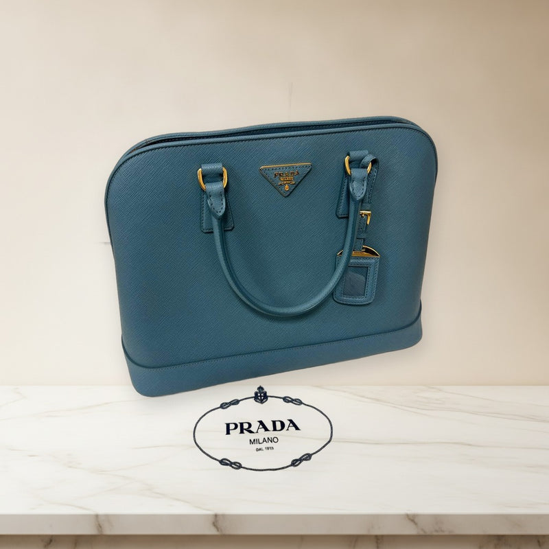 Prada Saffiano Leather Handbag Shoulder Bag Blue Gold Hardware