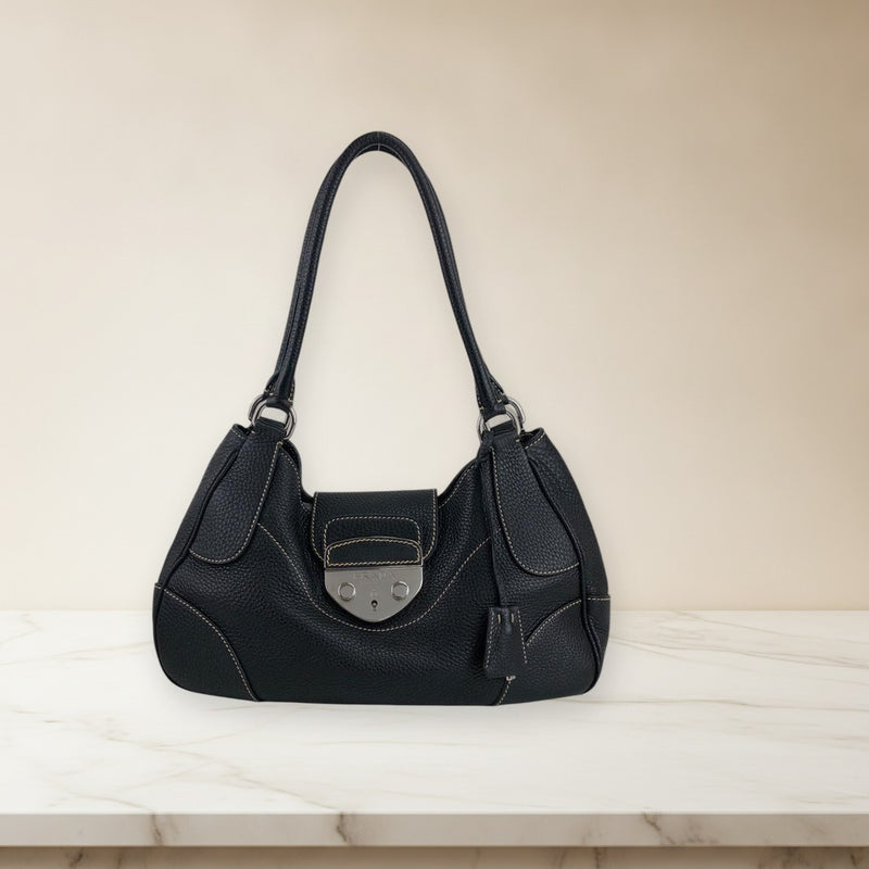 Prada Shoulder Bag Black Leather Metal Clasps White Stitching Handbag